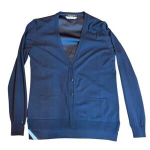 Tiffany & Co. Wardrobe V-Neck Button Cardigan Sweater MEDIUM Satin Back Navy